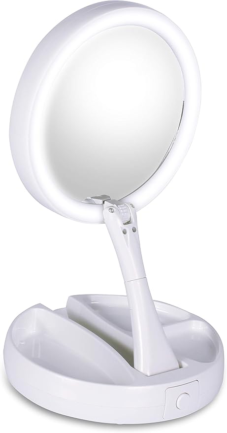 Retractable Makeup Mirror with LED Light and 10x Magnification.