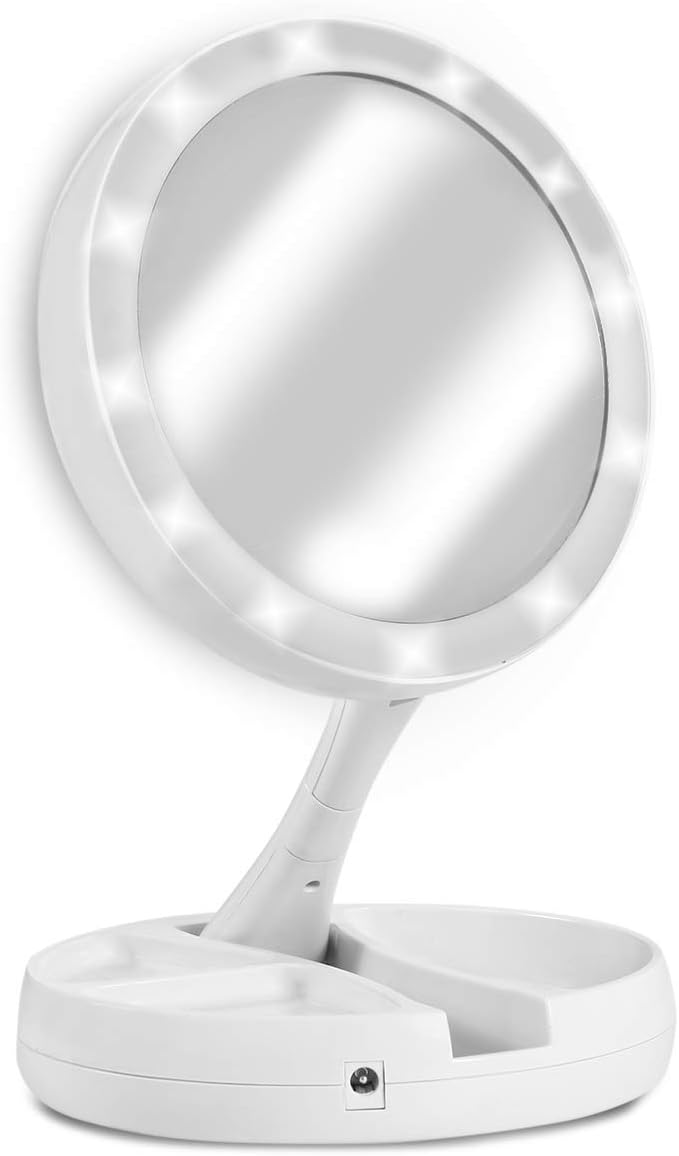 Retractable Makeup Mirror with LED Light and 10x Magnification.