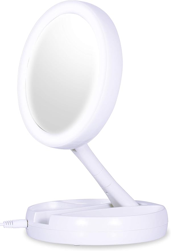 Retractable Makeup Mirror with LED Light and 10x Magnification.