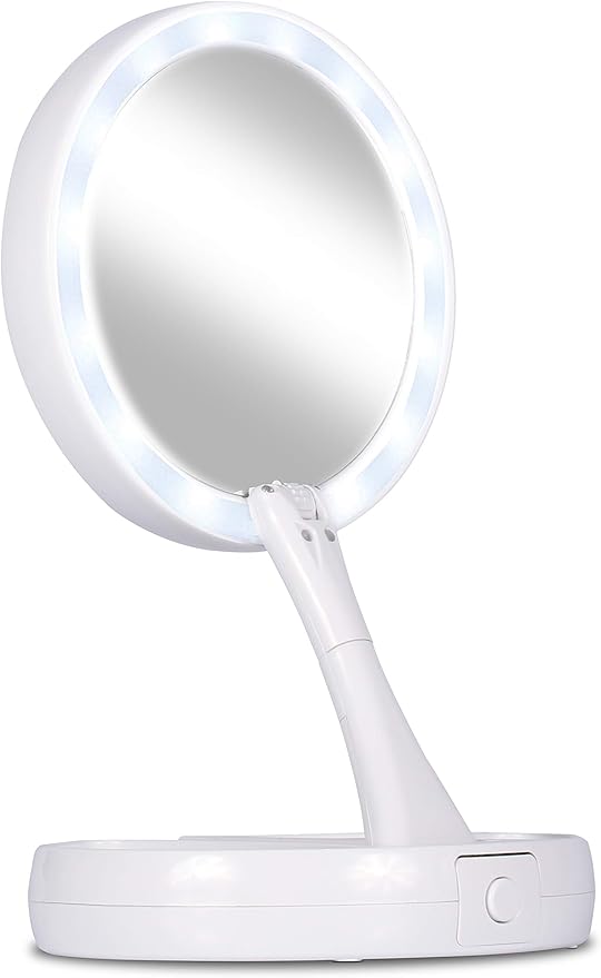 Retractable Makeup Mirror with LED Light and 10x Magnification.